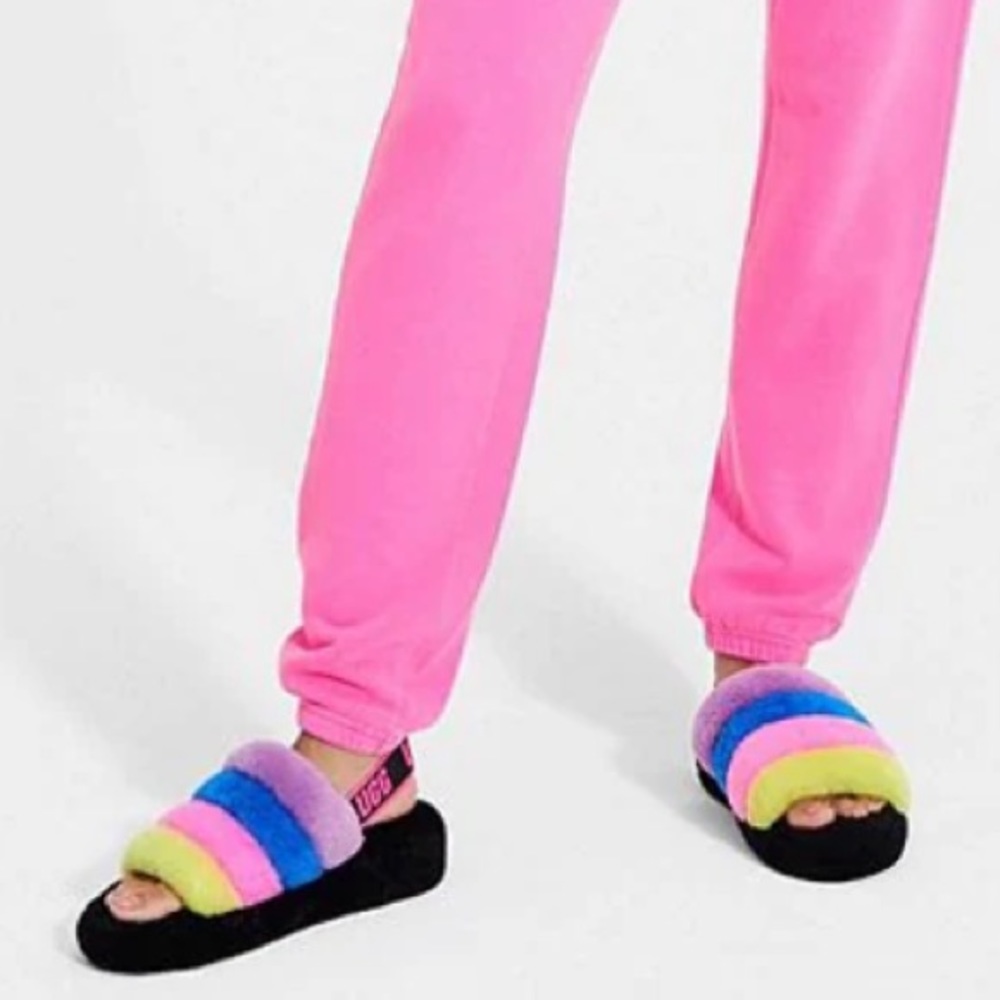 UGG® Logo Fluff Yeah Multicolor Fur Platform Slippers Size 7 - Picture 1 of 6
